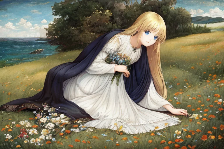 On Meadow Solo Waifu, Gathering Flowers, With Blonde Hair, B...