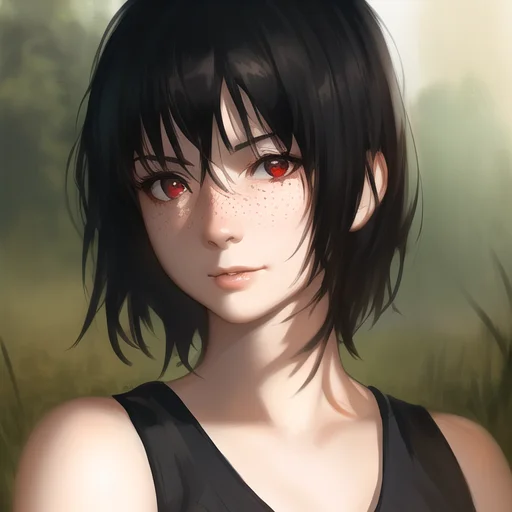 An Woman With Black Messy Short Hair And Red Eyes And Red Fr...