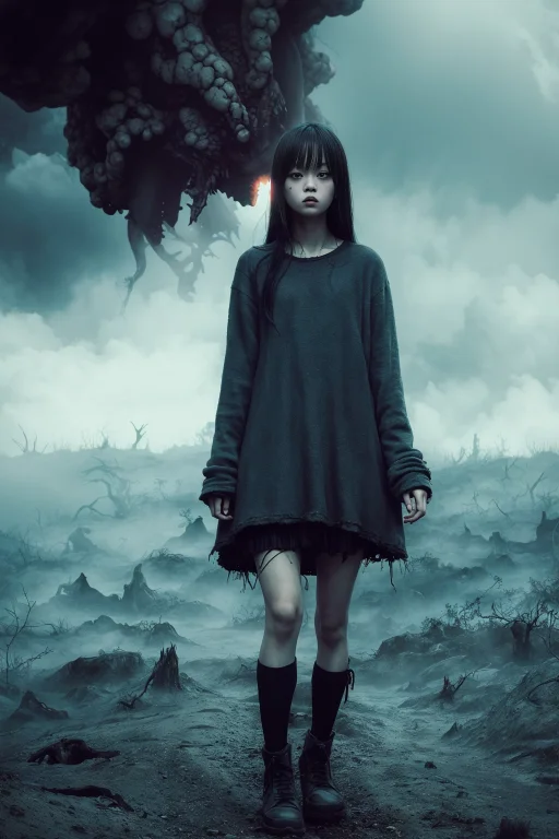 A Ugly Girl, Full Body, Horror, Broken, Distorted, Sky, Fog,...