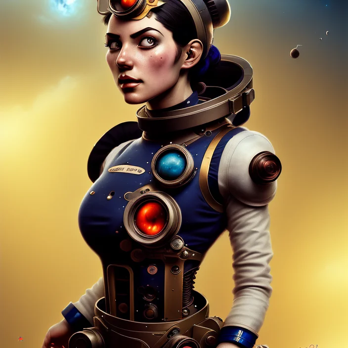 Portrait Of A Steampunk Cosmonaut Girl With Mechanical Parts...