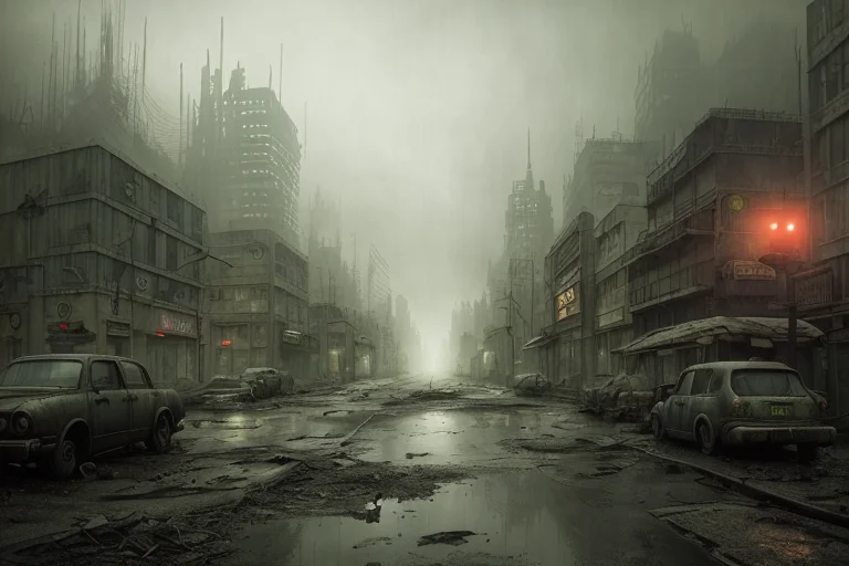 A Post Apocalyptic Cityscape, Muted Colors, Hyperrealism, Fo...