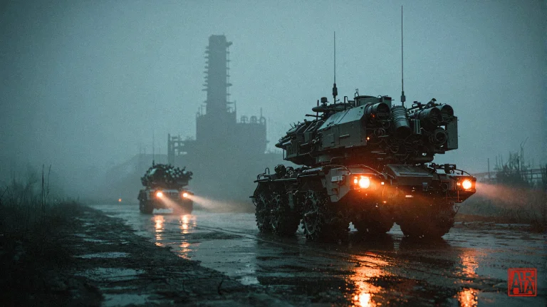 A Vertical, Cinematic Shot Of A Desolate, Industrial Landsca...