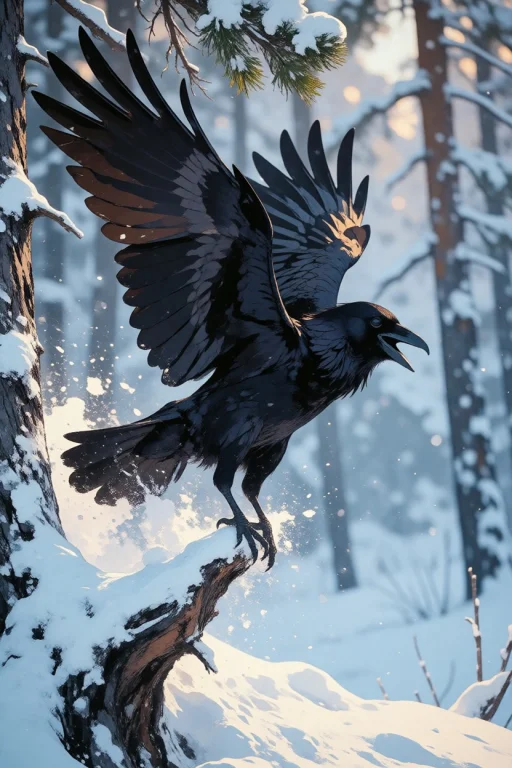 Nature, A Common Raven Launching From A Snow-loaded Pine, En...