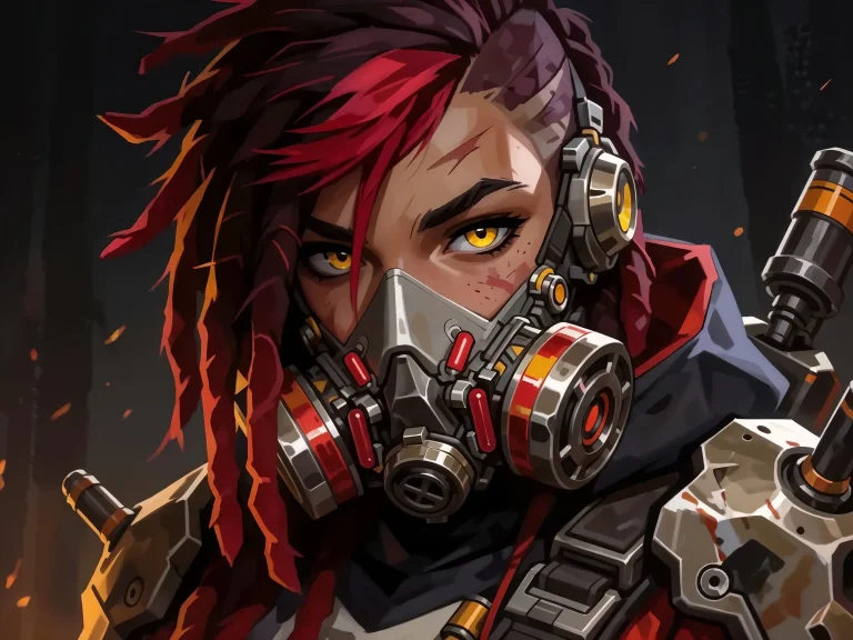 Red-haired Woman With Gas Mask Yellow Eyes Armor Sparks Flyi...