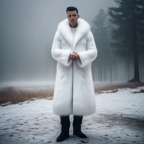 Medium Shot, Professional Photo Of A Man In White Fluffy Fox... — Stable Diffusion AI Prompt: medium shot, professional photo of a man ((in white fluffy fox fur coat)), slate...
