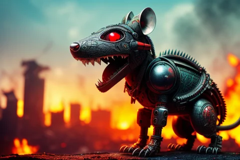 Nasty Toothy Rat, With Red Eyes, Made Out Of Metal, Cyborg,... — Stable Diffusion AI Prompt: nasty toothy rat, with red eyes, made out of metal, cyborg, against the backdrop...