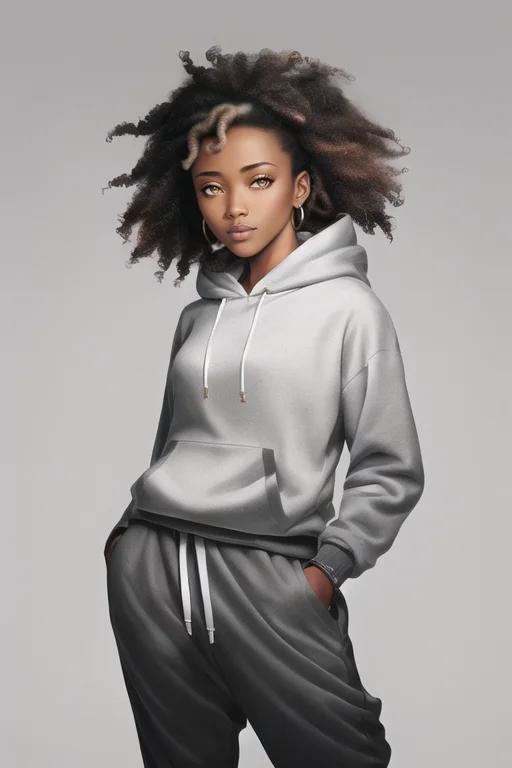Half Body Picture, 1girl1.2, Grey Background,african, Curled...