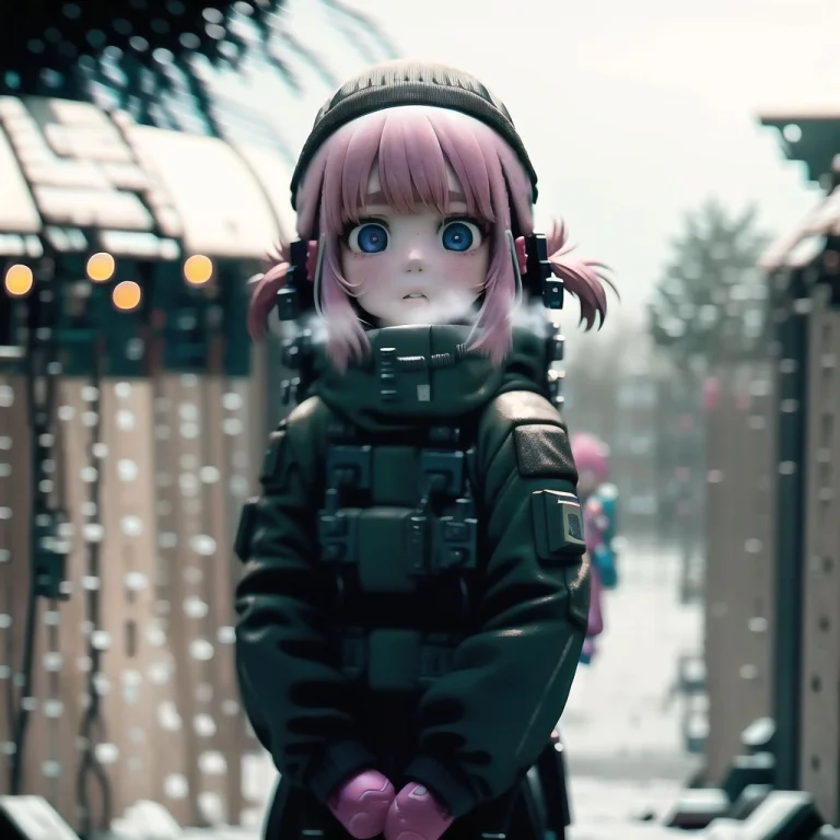 1girl, Oudoors, Wearing Pink Mittens, Out Of Focus People In...
