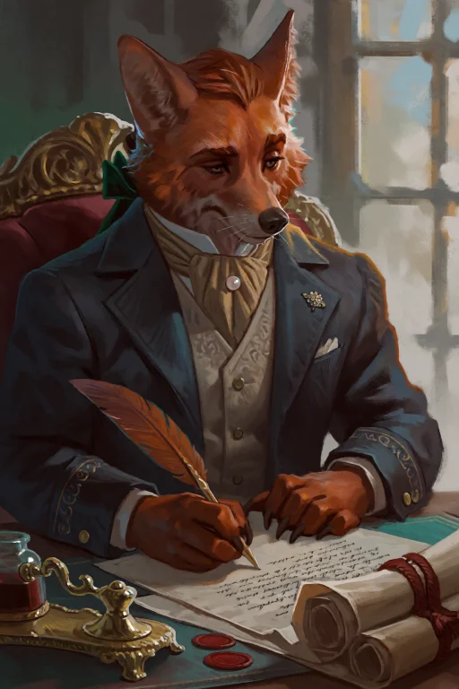 An Anthropomorphic Fox Nobleman Seated At An Ornate Writing...