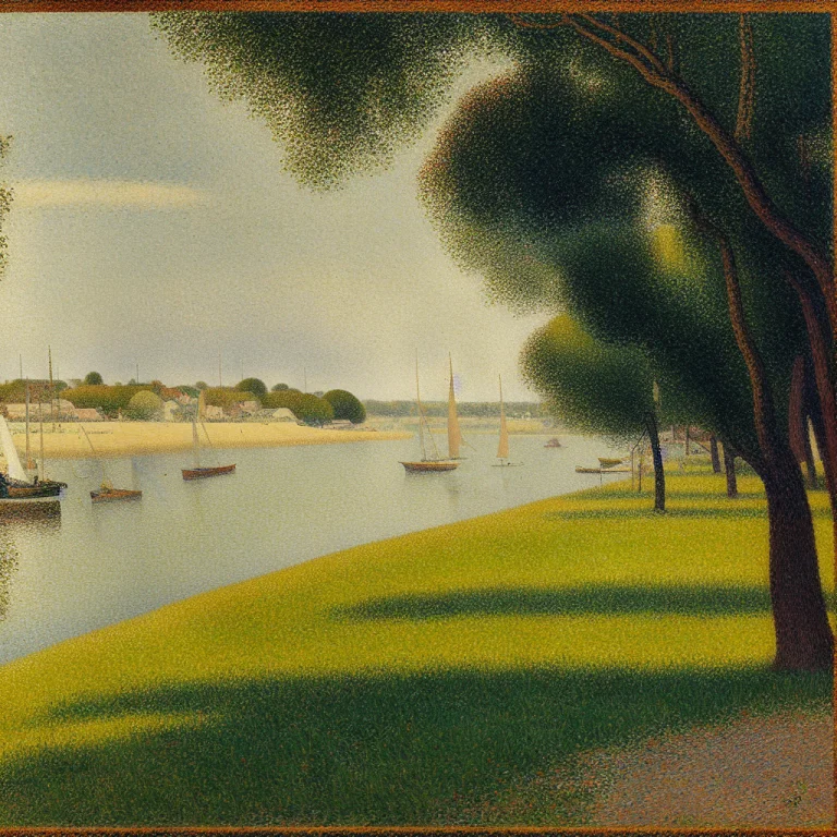 A Painting Of Boats On A River Near A Path With Trees And A...