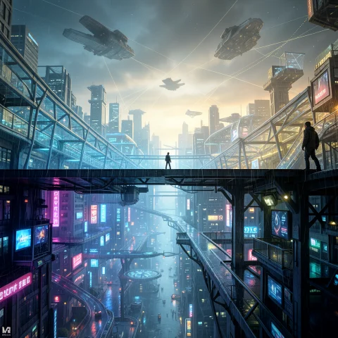 A Futuristic Metropolis Divided Vertically Into Two Layers.... — FLUX AI Prompt: A futuristic metropolis divided vertically into two layers. The lower half exist...