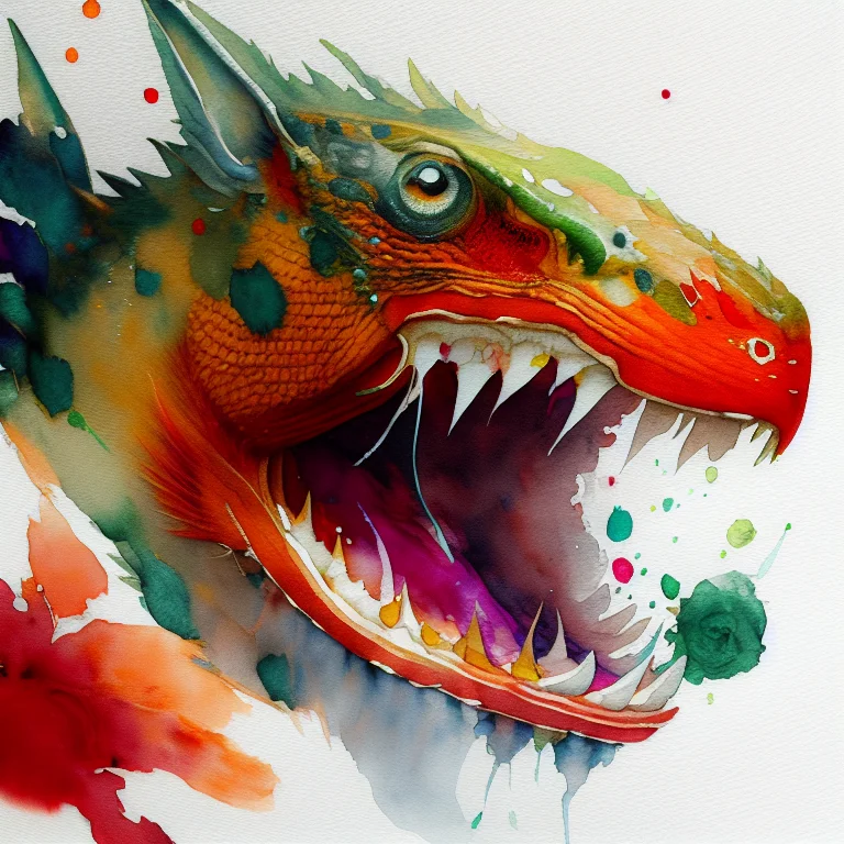 Wtrcolor Style, Digital Art Of A Red Dragon Head With Sharp...
