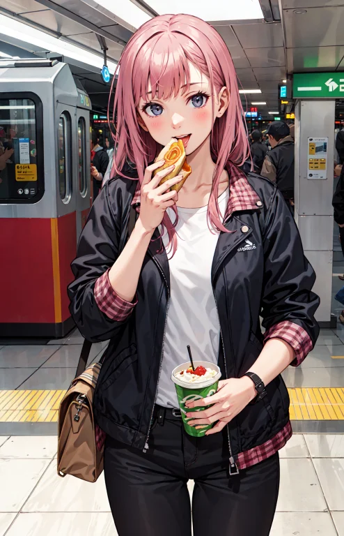 Best Quality, Detailed Background, Girl,eating,subway Statio...
