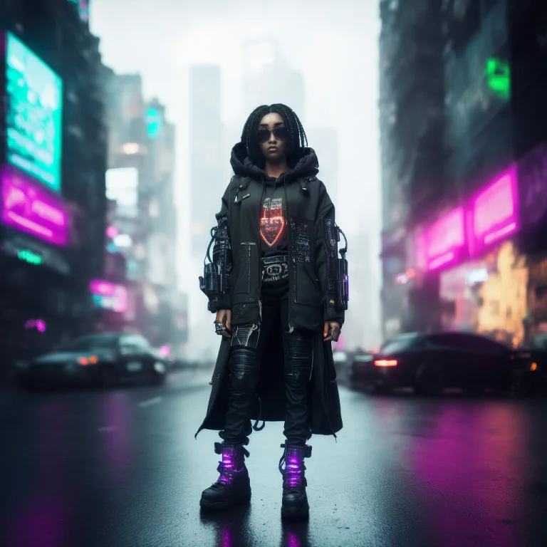 Realistic Black Woman In A Black Coat Cyberpunk In A Modern...