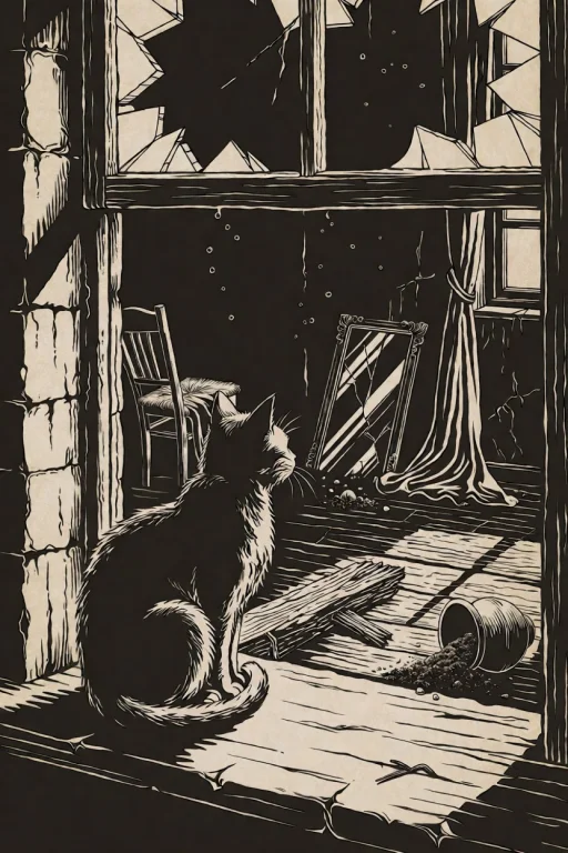 Da0klfe, Black And White Woodcut-style Illustration, A Cat S...