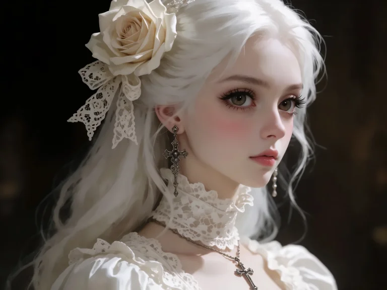 White-haired Woman With Rose In Hair Lace Dress Cross Earrin...