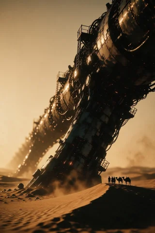 A Jaw-dropping Photorealistic Cinematic Wide Shot Of A Colos... — Stable Diffusion AI Prompt: A jaw-dropping photorealistic cinematic wide shot of a colossal metallic energy-...
