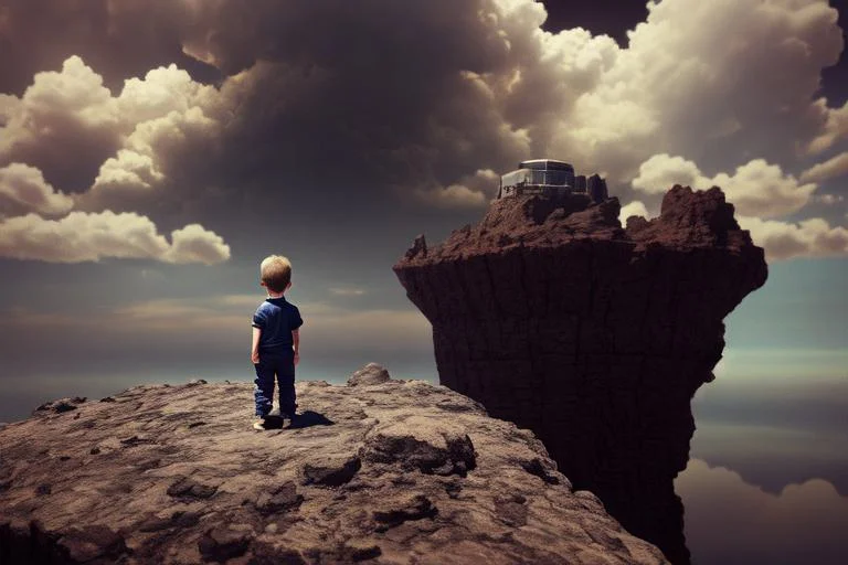 High Quality Render, Foto From Below, Little Boy Before Tita...