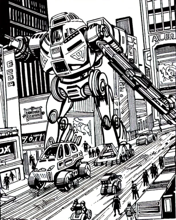 Alloldrpgarts1 Monochrome A Robot Mech Battle In A City