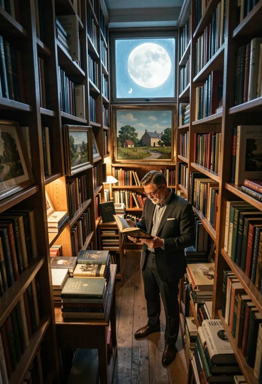 A Bookseller Reading Among Towering Shelves, Plein Air Paint...
