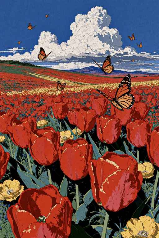Velnari, , A Vast, Vibrant Field Of Red Tulips Stretches Tow...