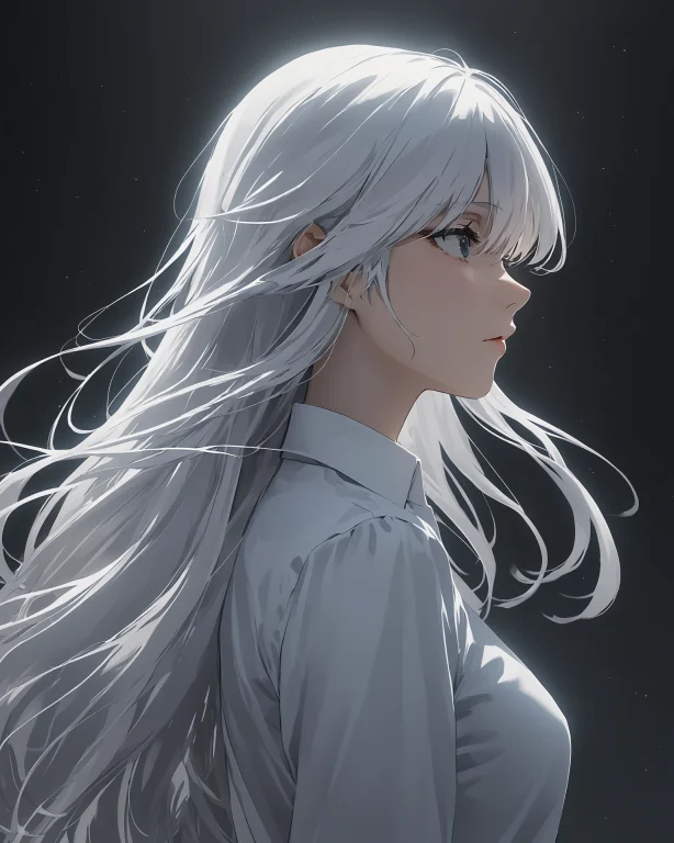 A Woman With Long White Hair And A White Shirt Is Looking Of...