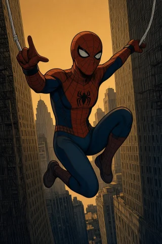 Spider-man Swings Between Skyscrapers At Golden Hour, Red An... — Stable Diffusion AI Prompt: Spider-Man swings between skyscrapers at golden hour, red and blue suit reflecti...