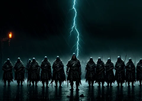 The Army Of The Apocalypse In The Dark Rain, Dark Fantasy, M... — Stable Diffusion AI Prompt: the army+ of the apocalypse+ in the dark rain, dark fantasy, medieval, nighttime...