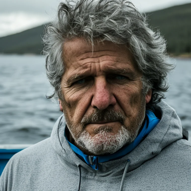 A Portrait Of A Man Standing On Top Of A Boat, Wearing A Blu...