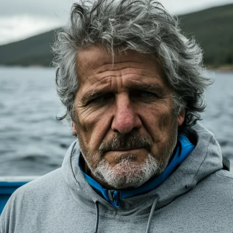 A Portrait Of A Man Standing On Top Of A Boat, Wearing A Blu... — Stable Diffusion AI Prompt: a portrait of a man standing on top of a boat, wearing a blue hoodie, resting on...