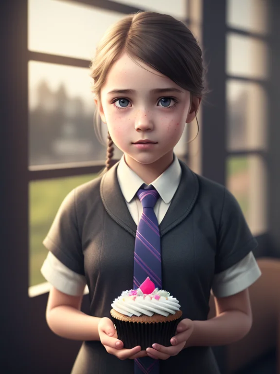 A Girl, Wearing A Tie, Cupcake In Her Hands, School, Indoors...