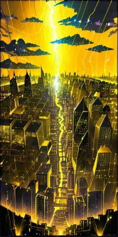 City With A Lightnings In The Sky, Yellow Color, Loratarot C... — Stable Diffusion AI Prompt: city with a lightnings in the sky, yellow color, 