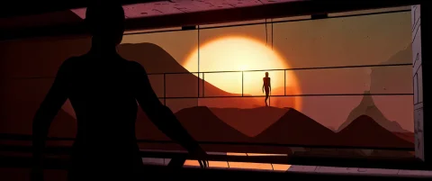 Silhouette Of A Person Looking Out A Window, Sand Dunes Of A... — Stable Diffusion AI Prompt: silhouette of a person looking out a window, sand dunes of a desert planet, half...