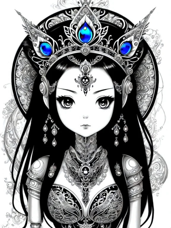 Chibi Kawaii. Cinematic Hyperrealism. Black  White Ink Drawi...