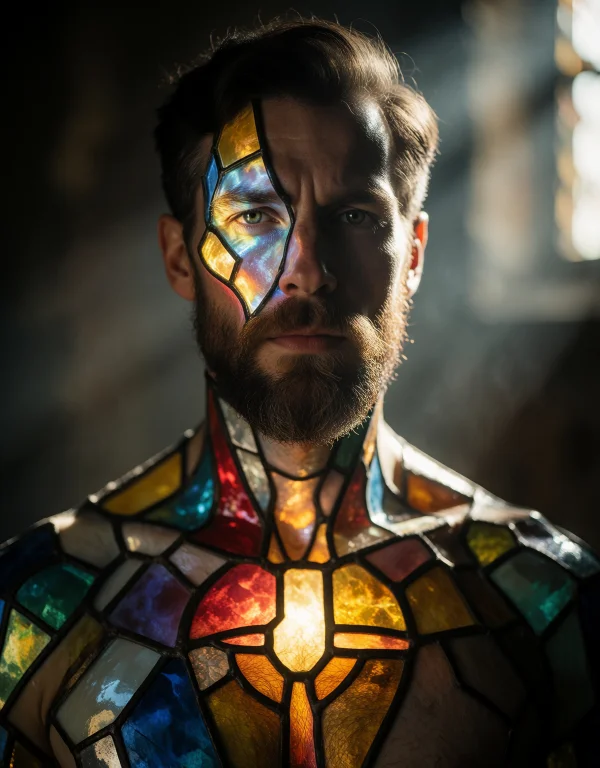 Cinematic Film Still 13. Stained Glass Portrait, Head-and-sh...