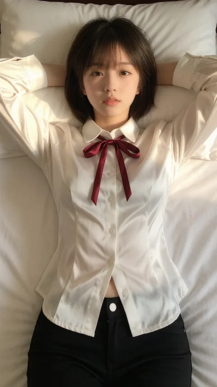 午后卧室里，一位二十岁出头的东亚年轻女性仰躺在铺着米白色床品...