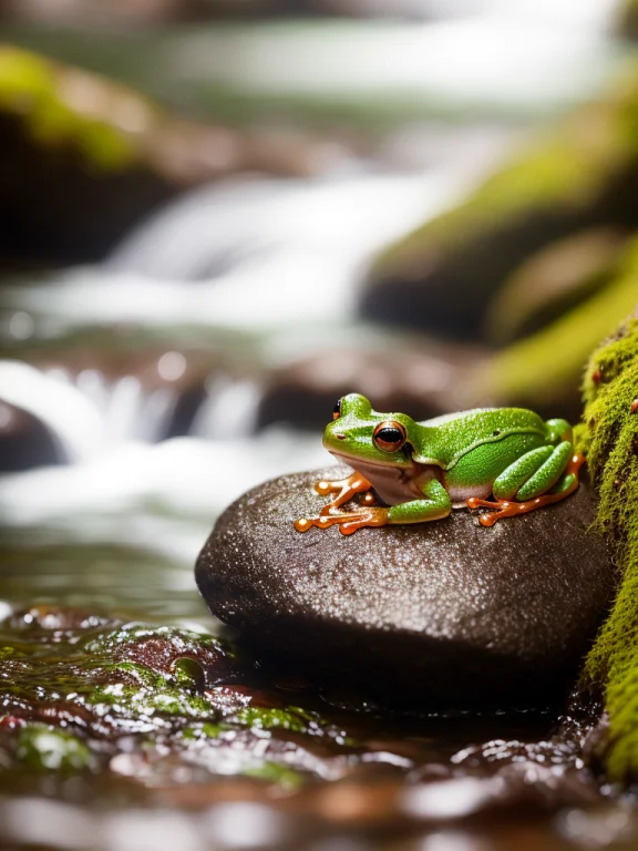A Tiny Green Frog With Red Stripe On A Mossy Rock Near A Rus...