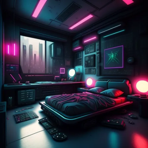 A Cyberpunk Style Bedroom Lorabedroomailora0.5 — Stable Diffusion AI Prompt: a cyberpunk style bedroom 