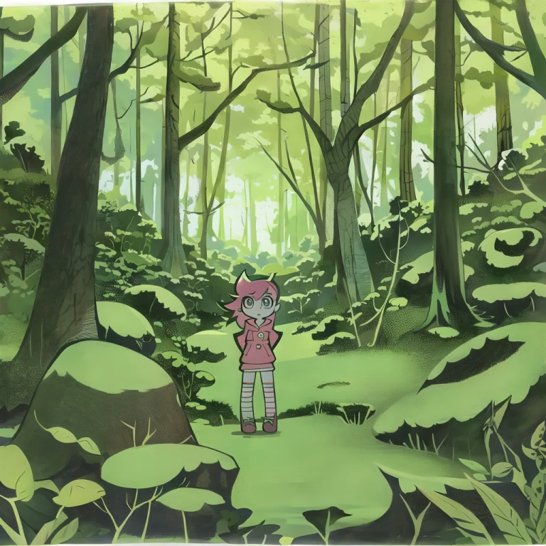 A Cartoon Drawing Of A Girl In Front Of A Forest, Pansto Art...