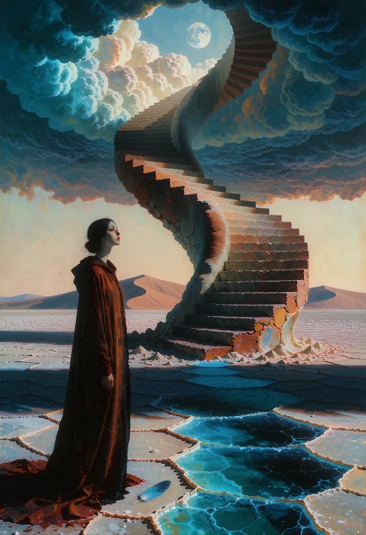 An Uncanny Surrealist Painting Of A Woman On A Salt Desert,...