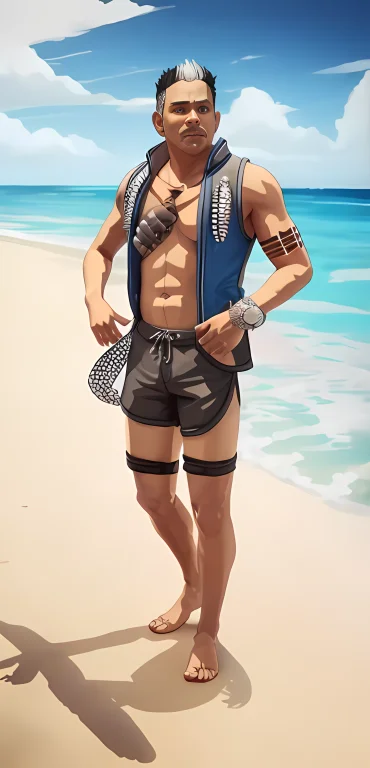 A Middle Age Male Character Stand On The Beach, Wearing Boar...