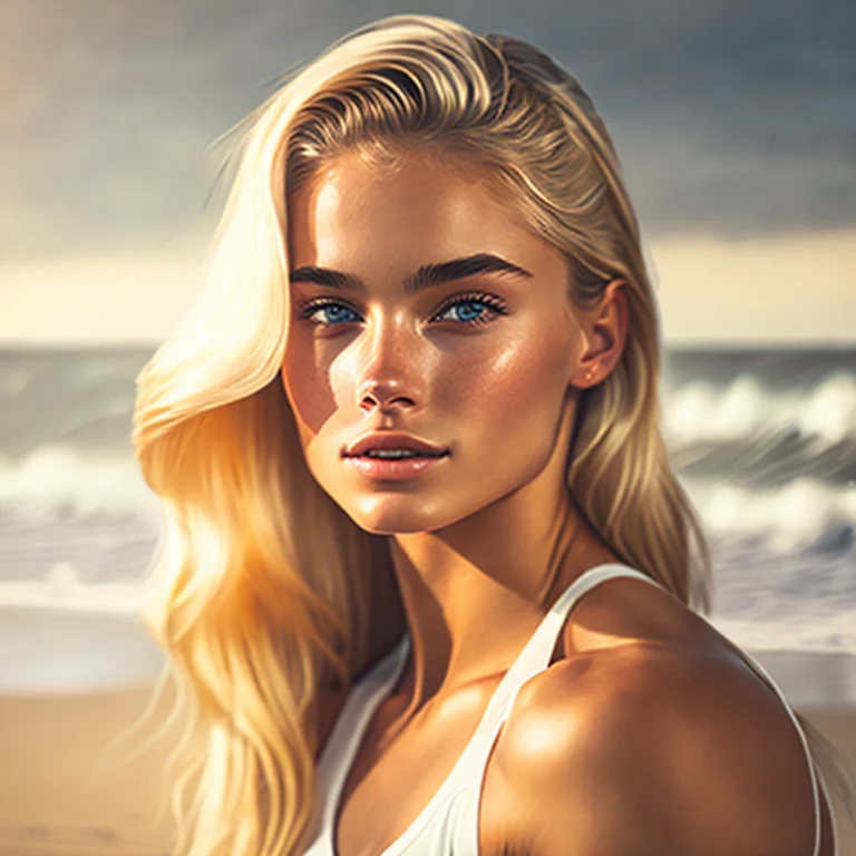 Young Blonde Woman, Beach, Photo Realistic, Kodak, Dslr, Hig...