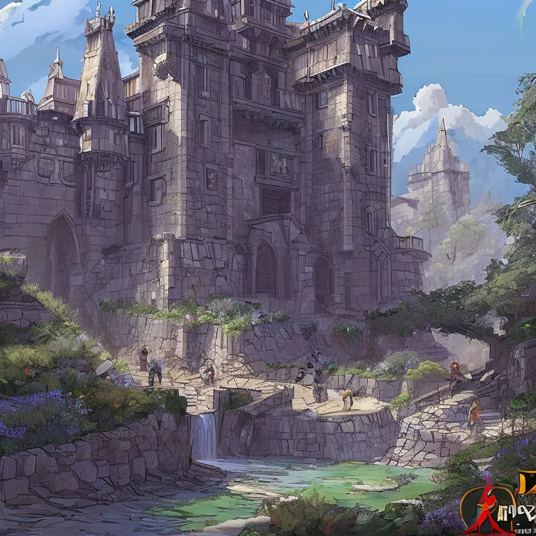 A Castle With Waterfalls And Gardens And Stone Walls In A Gi...
