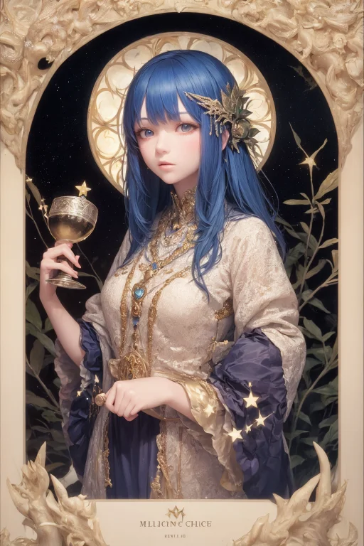 Young Girl Holding Chalice Of Stars, Glow, Magic, Blue Hair,...