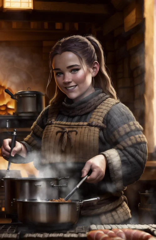 Award Winning Portrait Photo Of A Young Viking Woman Cooking...