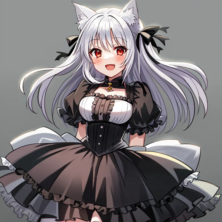 1girl, Solo, Catgirl, Cat Ears, D, Black Dress, White Hair,...