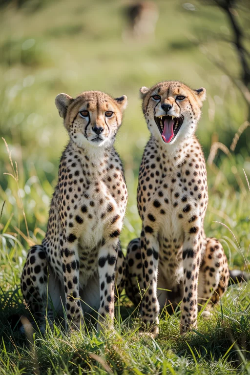 Two Young Cheetahs Sit In A Sunlit Field Of Tall Grass. The...