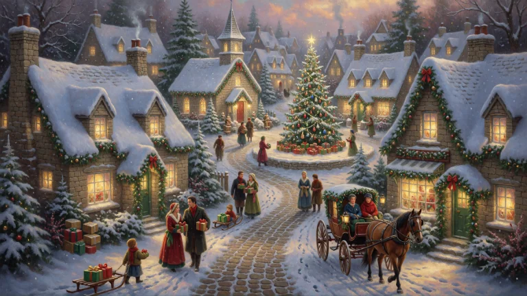 3d, Oil Painting, A Picturesque Christmas Village At Twiligh...