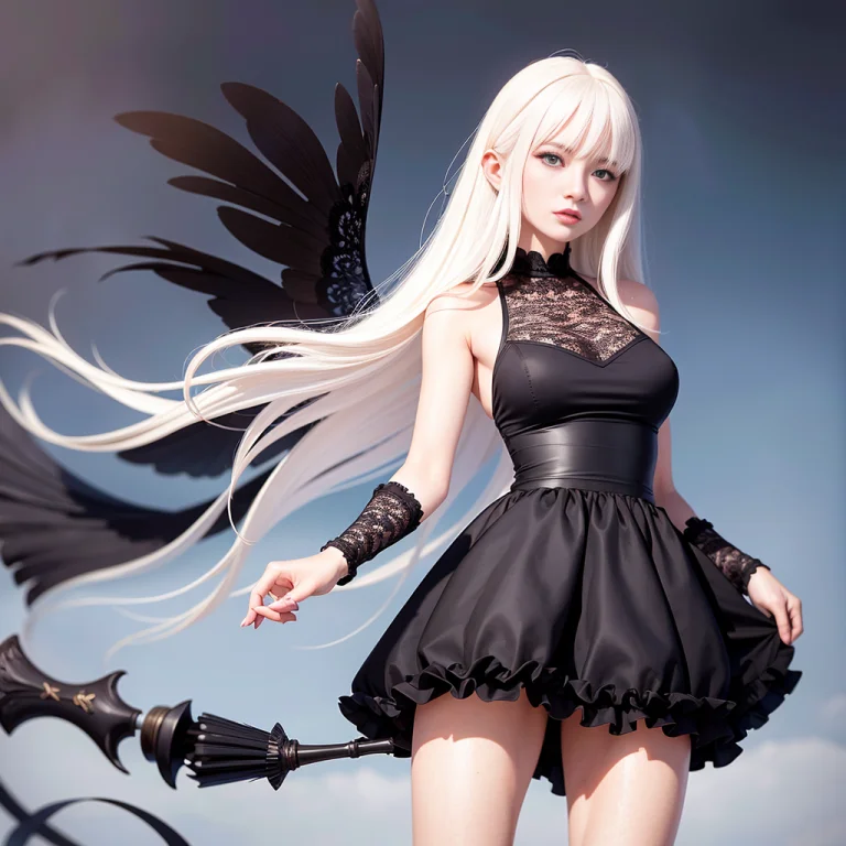 1 Girl, Witch, In A Black Dress, White Lace On The Dress, Wh...