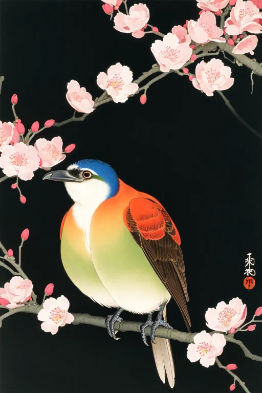 Loraohara Koson1, Ohara Koson, Bird, Black Background, Cherr...